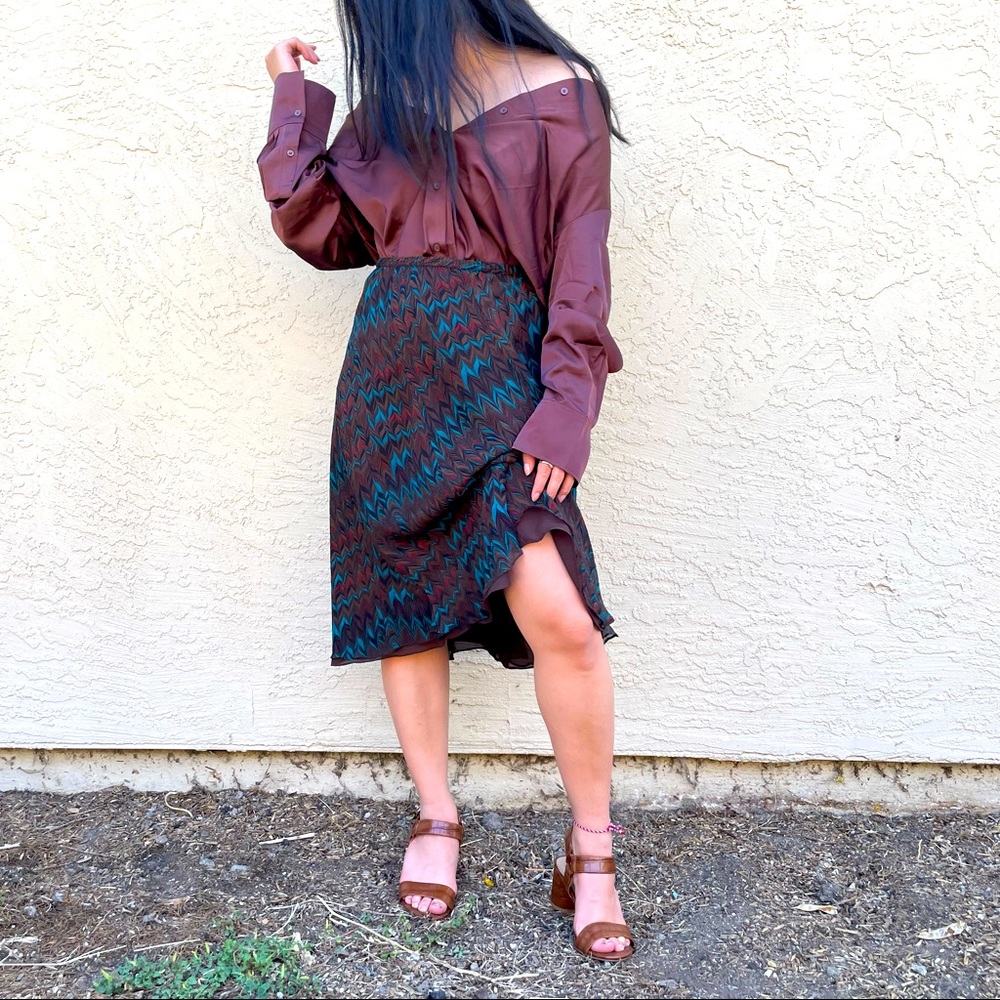 Jones New York patterned silk midi skirt | 8 | brown teal
